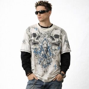 Vtg MMA ELITE Y2K Layered Thermal Long Sleeve Shirt Sz 2XL Skulls Cross Grunge